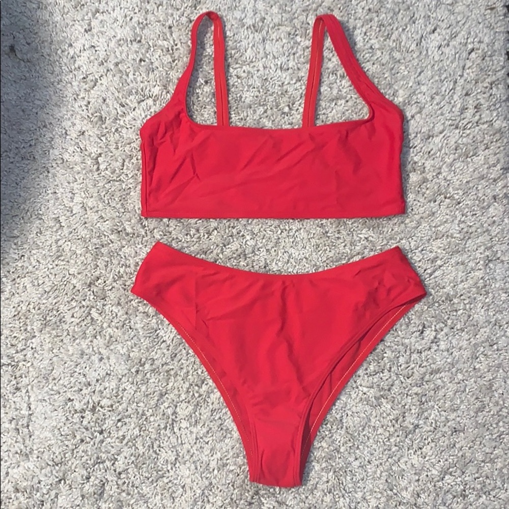 Red Scoop Neck High Waisted Bikini